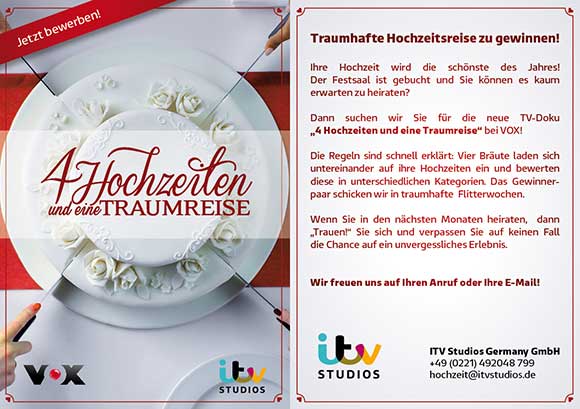 Flyer von der VOX-Dokumentation 4 Hochzeiten und 1 Traumreise